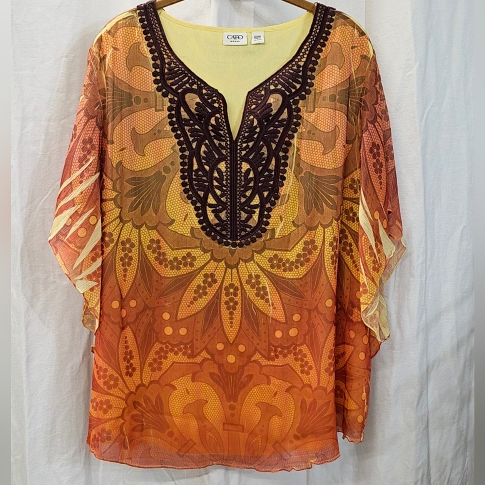Cato 22w/24w 3X Womens Plus Sublimation Embroidered Chiffon Boho Top Blouse